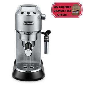 Machine DE’LONGHI Dedica Style - 14,9cm de large- Compatible café moulu (1 tasse ou 2 tasses) - Préparation de 1 ou 2 tasses avec arrêt automatique - Programmation de la quantité d’eau - Programmation de la température du café - Buse vapeur Cappuccino avec variateur pour émulsionner ou chauffer du lait. En vente chez Arlo’s Coffee, artisan torréfacteur de café de spécialité situé à Rambouillet dans les Yvelines, ile de France. Un coffret de café en grain de la gamme fixe offert avec la machine.