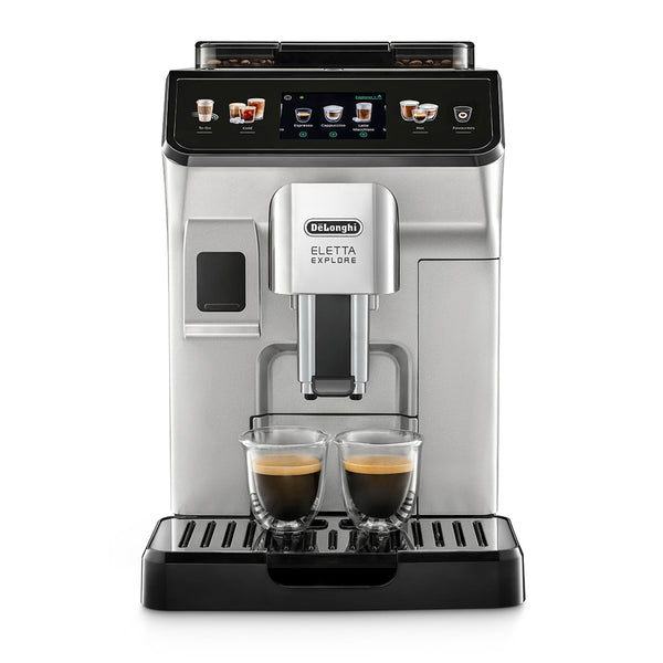Machine DE’LONGHI Eletta Explore - broyeur expresso connecté, coloris Argent, panneau de commande intuitif avec écran couleur tactile, 50 recettes. Machine adaptée pour l’usage à domicile, En vente chez Arlo’s Coffee, artisan torréfacteur de café de spécialité situé à Rambouillet dans les Yvelines, ile de France. Un coffret de café en grain offert avec l'achat d'une machine.