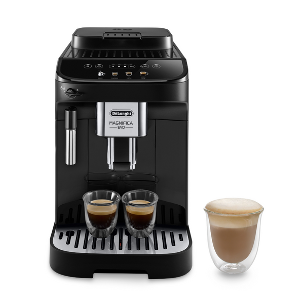 Magnifica Evo, broyeur espresso DeLonghi , coloris noir- panneau de commande tactile avec icônes colorés est intuitif et simple d’utilisation, 3 recettes café en accès direct, buse vapeur cappuccino. En vente chez Arlo’s Coffee, artisan torréfacteur de café de spécialité situé à Rambouillet dans les Yvelines, ile de France. Un coffret de café en grain offert avec l’achat de la machine.