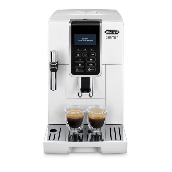 Machine DE’LONGHI Dinamica FEB3535.W - broyeur expresso connecté, coloris blanc, panneau de commande intuitif avec écran couleur tactile, 6 recettes café dont 4 en accès direct. Machine adaptée pour l’usage à domicile, En vente chez Arlo’s Coffee, artisan torréfacteur de café de spécialité situé à Rambouillet dans les Yvelines, ile de France. Un coffret de café en grain offert avec l'achat d'une machine.