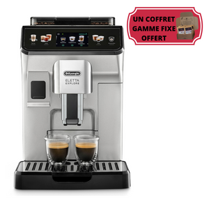 Machine DE’LONGHI Eletta Explore - broyeur expresso connecté, coloris Argent, panneau de commande intuitif avec écran couleur tactile, 50 recettes. Machine adaptée pour l’usage à domicile, En vente chez Arlo’s Coffee, artisan torréfacteur de café de spécialité situé à Rambouillet dans les Yvelines, ile de France. Un coffret de café en grain offert avec l'achat d'une machine.