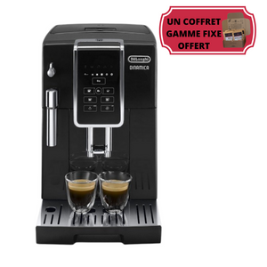 Machine DE’LONGHI Dinamica FEB3515.B - broyeur expresso, coloris noir, panneau de commande intuitif avec écran couleur tactile, 4 recettes café en accès direct. Machine adaptée pour l’usage à domicile, En vente chez Arlo’s Coffee, artisan torréfacteur de café de spécialité situé à Rambouillet dans les Yvelines, ile de France. Un coffret de café en grain offert avec l'achat d'une machine. Un coffret de café éthique en grain pur arabica offert avec l’achat de la machine.