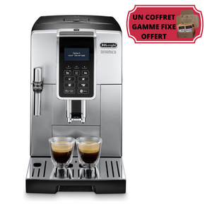 Machine DE’LONGHI Dinamica FEB3535.SB - broyeur expresso connecté, coloris titanium, panneau de commande intuitif avec écran couleur tactile, 6 recettes café dont 4 en accès direct. Machine adaptée pour l’usage à domicile, En vente chez Arlo’s Coffee, artisan torréfacteur de café de spécialité situé à Rambouillet dans les Yvelines, ile de France. Un coffret de café en grain offert avec l'achat d'une machine.