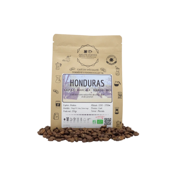 Voici un sachet de 250g de notre café bio du Honduras en grain. Un café de spécialité appartenant à notre gamme fixe. Ce café est issu du commerce équitable, pur arabica, éthique, traçable, disponible en grain ou moulu. Arlo’s Coffee est un artisan torréfacteur de café de spécialité. Situé en ile de France dans les Yvelines à Rambouillet.