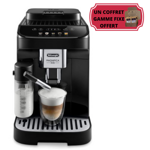 Magnifica Evo, broyeur espresso DeLonghi , coloris noir- Bac à grain capacité 250g -panneau de commande tactile avec icônes colorés est intuitif et simple d’utilisation, 3 recettes café en accès direct, buse vapeur cappuccino. En vente chez Arlo’s Coffee, artisan torréfacteur de café de spécialité situé à Rambouillet dans les Yvelines, ile de France. Un coffret de café en grain offert avec l’achat de la machine.