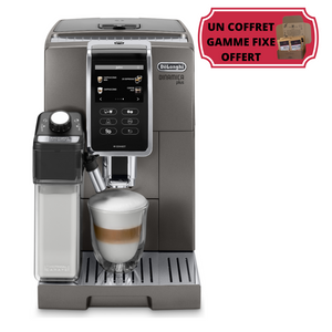 Machine DE’LONGHI Dinamica Plus - broyeur expresso connecté, coloris titanium, panneau de commande intuitif avec écran couleur tactile, 5 boissons café et 8 boissons lactées. Machine adaptée pour l’usage à domicile, destinée aux pofessionnels comme aux particuliers en vente chez Arlo’s Coffee, artisan torréfacteur de café de spécialité situé à Rambouillet dans les Yvelines, ile de France.