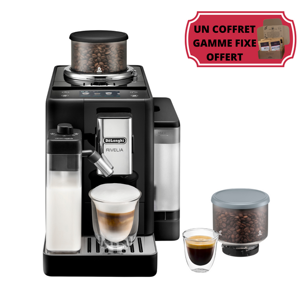 Delonghi Rivelia Latte, Machine à grain, panneau de commande digital, bac à grains interchangeable, technologie Bean Adapt, 16 boissons, buse vapeur, système Latte Crema, design compact et élégant. En vente chez Arlo's Coffee, artisan torréfacteur à Rambouillet dans les Yvelines, café pur arabica, torréfié sur place, éthique et durable.
