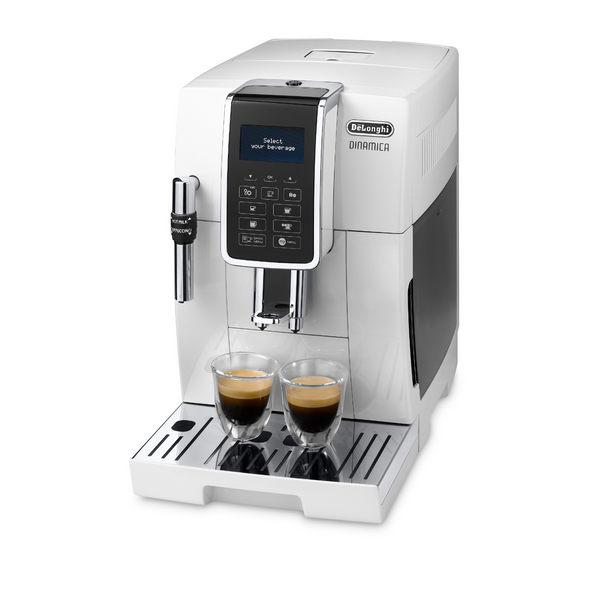 Machine DE’LONGHI Dinamica FEB3535.W - broyeur expresso connecté, coloris blanc, panneau de commande intuitif avec écran couleur tactile, 6 recettes café dont 4 en accès direct. Machine adaptée pour l’usage à domicile, En vente chez Arlo’s Coffee, artisan torréfacteur de café de spécialité situé à Rambouillet dans les Yvelines, ile de France. Un coffret de café en grain offert avec l'achat d'une machine.