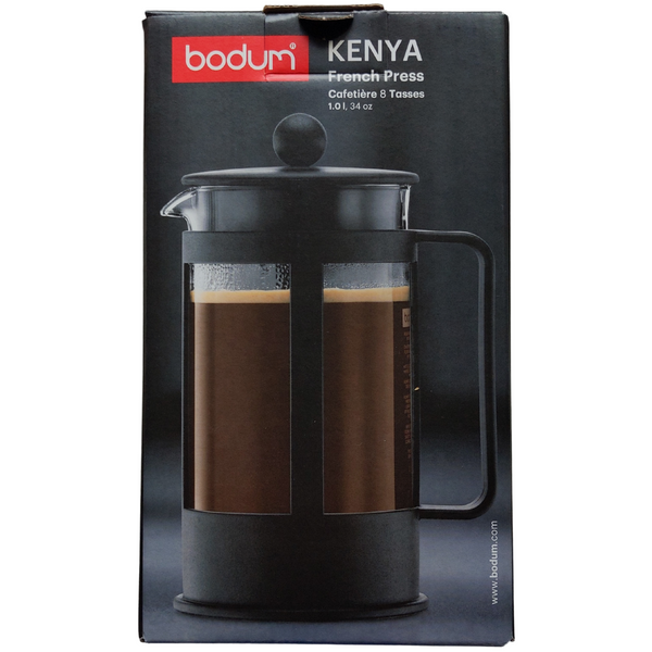 Cafetière à piston de Bodum Kenya en verre et ABS. Convient pour 8 tasses et peut contenir jusqu'à 1L. Dimensions : 147 x 110 x 232mm. Vendu chez Arlo’s Coffee, artisan torréfacteur de café de spécialité situé à Rambouillet dans les Yvelines. Café en grain et moulu. Café éthique et responsable.