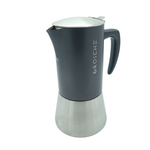 Cafetière à l'italienne induction de la marque Grosche, en acier inoxydable - couleurs : acier et noire - Version 6 tasses 260ml, Disponible chez Arlo's Coffee, atelier de torréfacteur, torréfacteur de café de spécialité situé dans les Yvelines, ile de france.
