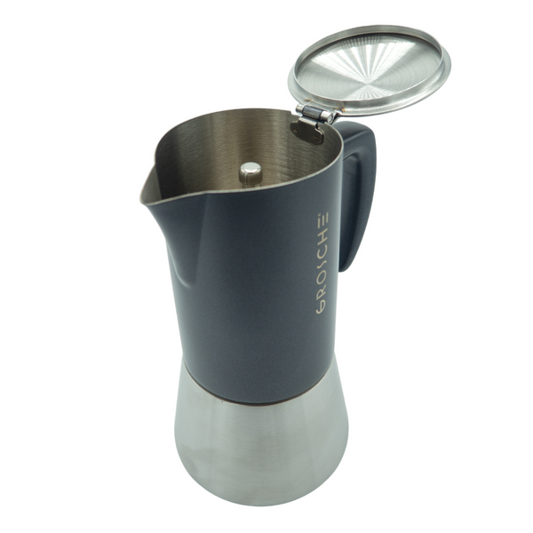 Cafetière à l'italienne induction de la marque Grosche, en acier inoxydable - couleurs : acier et noir - Version 6 tasses 260ml, Disponible chez Arlo's Coffee, atelier de torréfacteur, torréfacteur de café de spécialité situé dans les Yvelines, ile de france.
