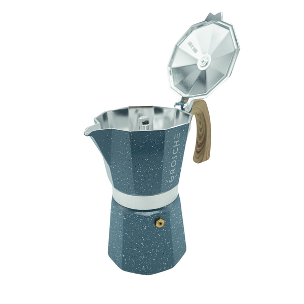 Cafetière à l'italienne milano stone de la marque Grosche - couleur bleue - Version 6 tasses 275ml, Disponible chez Arlo's Coffee, atelier de torréfaction, torréfacteur de café de spécialité situé dans les Yvelines, ile de france, café en grain et café moulu.