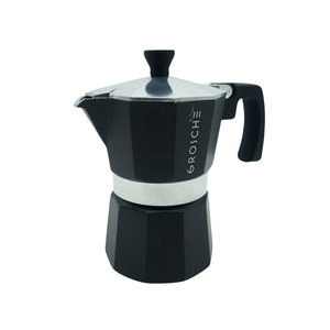 Cafetière à l'italienne milano moka de la marque Grosche - couleur noire - Version 3 tasses 150ml, Disponible chez Arlo's Coffee, atelier de torréfaction, torréfacteur de café de spécialité situé dans les Yvelines, ile de france, café en grain et café moulu.
