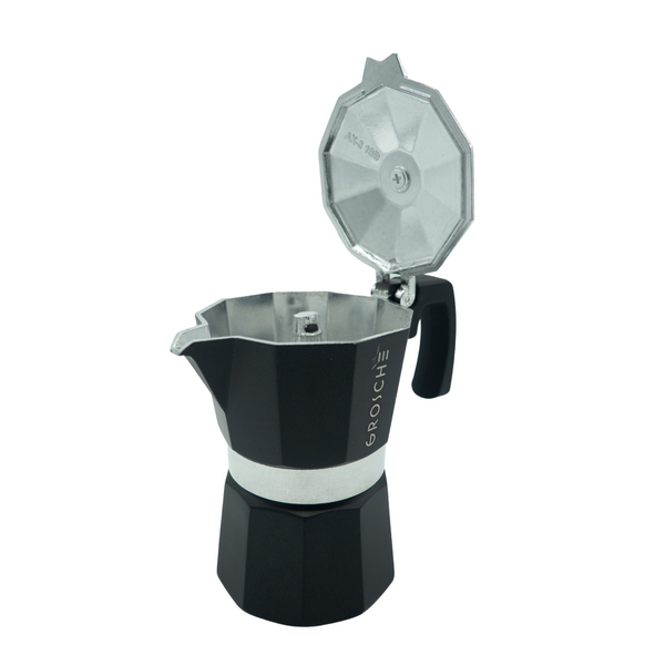 Cafetière à l'italienne milano moka de la marque Grosche - couleur noire - Version 3 tasses 150ml, Disponible chez Arlo's Coffee, atelier de torréfaction, torréfacteur de café de spécialité situé dans les Yvelines, ile de france, café en grain et café moulu.