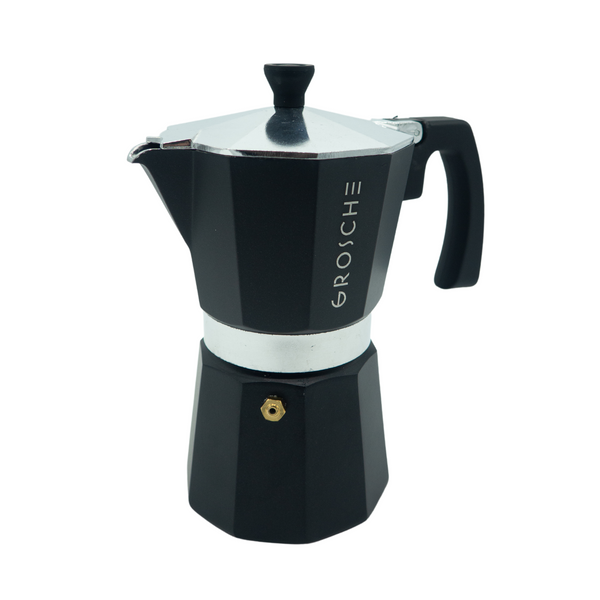 Cafetière à l'italienne milano moka de la marque Grosche - couleur noire - Version 6 tasses 275ml, Disponible chez Arlo's Coffee, atelier de torréfaction, torréfacteur de café de spécialité situé dans les Yvelines, ile de france, café en grain et café moulu.