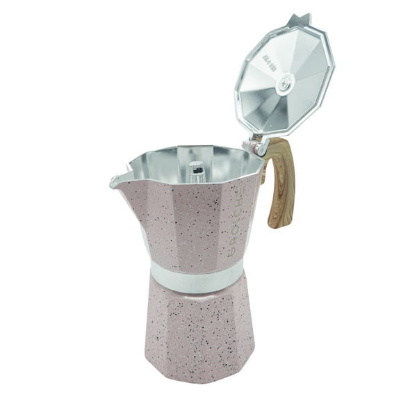 Cafetière à l'italienne milano stone de la marque Grosche - couleur rose - Version 6 tasses 275ml, Disponible chez Arlo's Coffee, atelier de torréfaction, torréfacteur de café de spécialité situé dans les Yvelines, ile de france, café en grain et café moulu