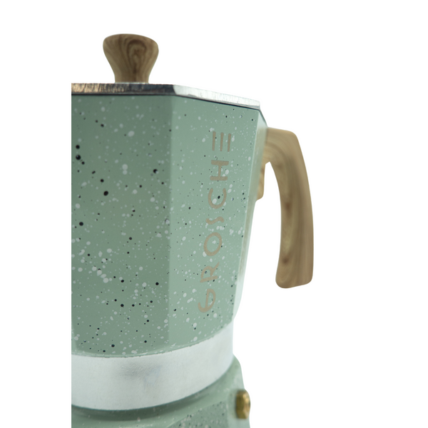 Cafetière à l'italienne milano stone de la marque Grosche - couleur verte - Version 6 tasses 275ml, Disponible chez Arlo's Coffee, atelier de torréfaction, torréfacteur de café de spécialité situé dans les Yvelines, ile de france, café en grain et café moulu.