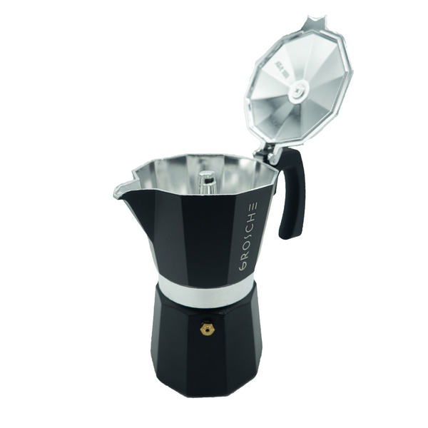 Cafetière à l'italienne milano moka de la marque Grosche - couleur noire - Version 6 tasses 275ml, Disponible chez Arlo's Coffee, atelier de torréfaction, torréfacteur de café de spécialité situé dans les Yvelines, ile de france, café en grain et café moulu.