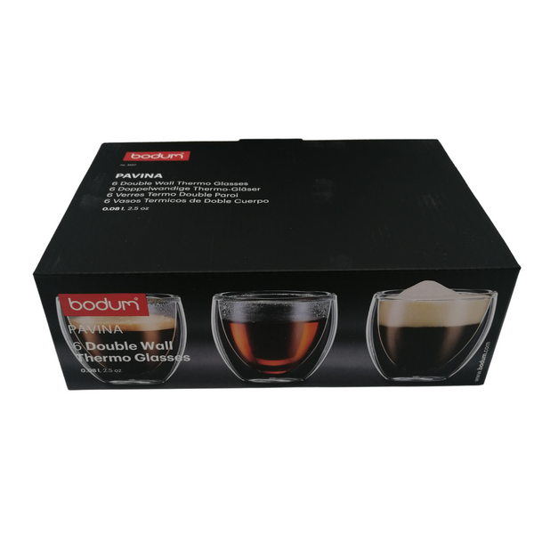 Verre seul, lot de 2 ou 6 verres double paroi 8 cl - Pavina. Ces verres sont compatibles four et micro-ondes jusqu'à 176°C. Passent au lave-vaisselle : les verres gardent leur transparence au fil du temps - Dimensions 6.4 x 6.2 cm. En vente chez Arlo’s Coffee, artisan torréfacteur de café de spécialité situé à Rambouillet dans les Yvelines, Rambouillet.
