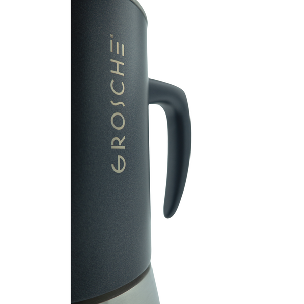 Cafetière à l'italienne induction de la marque Grosche, en acier inoxydable - couleurs : acier et noir - Version 6 tasses 260ml, Disponible chez Arlo's Coffee, atelier de torréfacteur, torréfacteur de café de spécialité situé dans les Yvelines, ile de france.