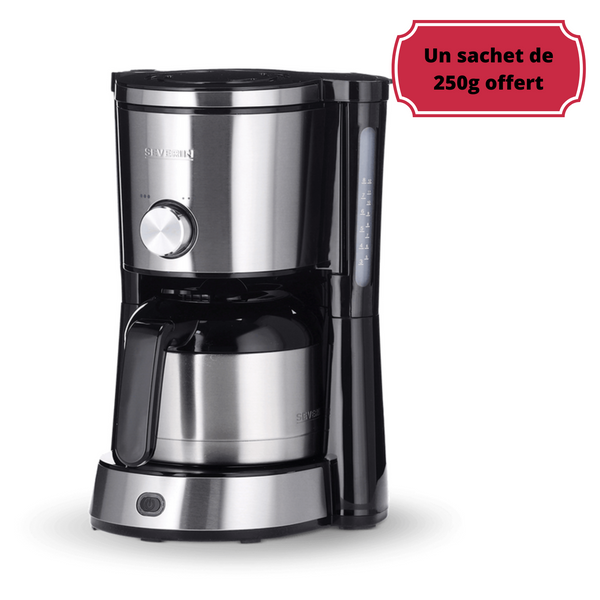 Cafetière filtre électrique équipée d'une verseuse isotherme. Elle permet de préparer environ 1 litre de café(8 - 12 tasses). Le niveau d'eau est visible sur les cotés de la machine avec une graduation. L'intensité des arômes de votre café est réglable ! En vente chez Arlo's Coffee, artisan torréfacteur à Rambouillet, 78.