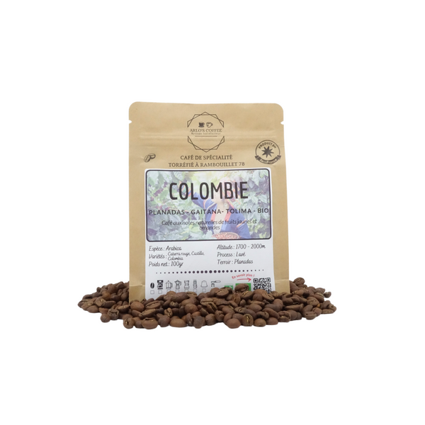 Café de spécialité de Colombie, pur arabica, grain ou moulu arrivé par voilier. Notes naturelles de fruits jaunes et amandes. Café éthique et responsable, préserve l'environnement et le producteur, en lui assurant une juste rémunération. Arlo's Coffee, artisan torréfacteur à Rambouillet, dans les Yvelines.