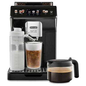Machine DE’LONGHI Eletta Explore - broyeur expresso connecté, coloris noir, panneau de commande intuitif avec écran couleur tactile, 50 recettes. Machine adaptée pour l’usage à domicile, En vente chez Arlo’s Coffee, artisan torréfacteur de café de spécialité situé à Rambouillet dans les Yvelines, ile de France. Un coffret de café en grain offert avec l'achat d'une machine.