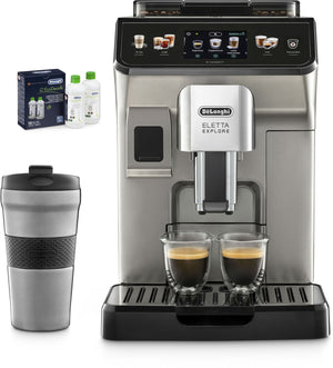 Machine DE’LONGHI Eletta Explore - broyeur expresso connecté, coloris Titanium, panneau de commande intuitif avec écran couleur tactile, 50 recettes. Machine adaptée pour l’usage à domicile, En vente chez Arlo’s Coffee, artisan torréfacteur de café de spécialité situé à Rambouillet dans les Yvelines, ile de France. Un coffret de café en grain offert avec l'achat d'une machine.