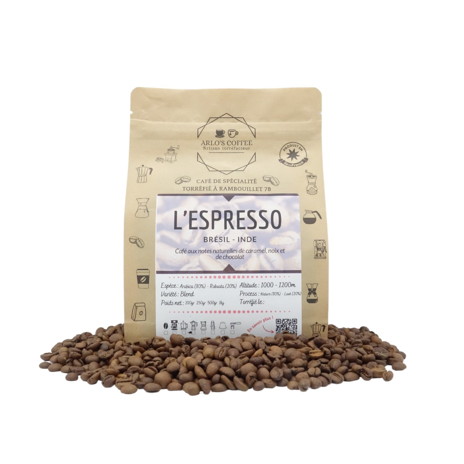 L'Espresso, Arlo's Coffee, café de spécialité, mélange 80% arabica 20%  robusta, grain ou moulu