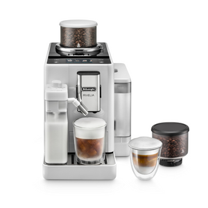 Delonghi Rivelia Latte, Machine à grain, panneau de commande digital, bac à grains interchangeable, technologie Bean Adapt, 16 boissons, buse vapeur, système Latte Crema, design compact et élégant. En vente chez Arlo's Coffee, artisan torréfacteur à Rambouillet dans les Yvelines, café pur arabica, torréfié sur place, éthique et durable.
