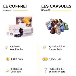 Coffret Caps Me - Shaker noir. Trois capsules en inox réutilisables, 45 opercules en amidon de maïs compostables. Coffret économique et écologique en vente chez Arlo's Coffee, artisan torréfacteur à Rambouillet dans les Yvelines.  