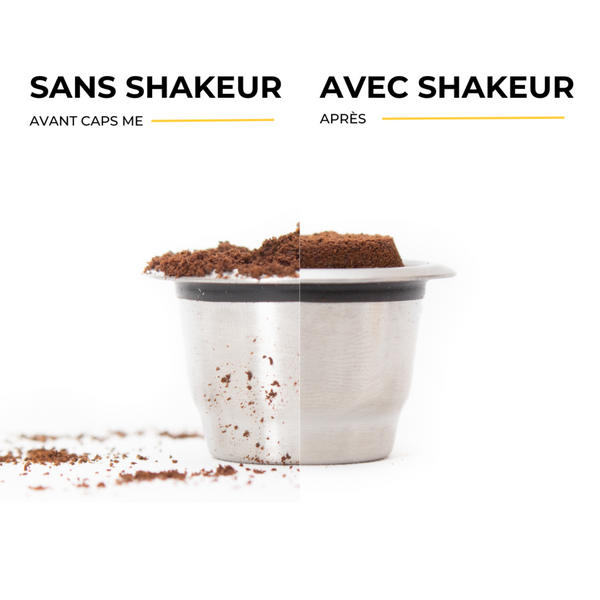 Coffret Caps Me - Shaker noir. Trois capsules en inox réutilisables, 45 opercules en amidon de maïs compostables. Coffret économique et écologique en vente chez Arlo's Coffee, artisan torréfacteur à Rambouillet dans les Yvelines.  