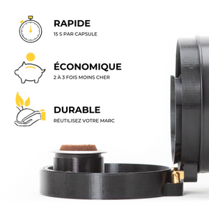Coffret Caps Me - Shaker noir. Trois capsules en inox réutilisables, 45 opercules en amidon de maïs compostables. Coffret économique et écologique en vente chez Arlo's Coffee, artisan torréfacteur à Rambouillet dans les Yvelines.  
