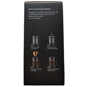 Cafetière à piston de Bodum Kenya en verre et ABS. Convient pour 8 tasses et peut contenir jusqu'à 1L. Dimensions : 147 x 110 x 232mm. Vendu chez Arlo’s Coffee, artisan torréfacteur de café de spécialité situé à Rambouillet dans les Yvelines. Café en grain et moulu. Café éthique et responsable. 