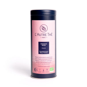 Infusion - Paradis Rose Bio / L'autre thé / Arlo's Coffee / Cette infusion bio est une eau de fruits à l'arôme naturel de pamplemousse rose, composée de morceaux de pommes, d'écorces de cynorhodon et de citron, d'hibiscus, de morceaux d'ananas et parsemée de fleurs de bleuet .  Elle peut se boire chaude ou glacée. Sans théine, une fraîcheur fruitée légèrement acidulée. Très désaltérante en infusion glacée. En vente chez Arlo’s Coffee, artisan torréfacteur de café de spécialité. 