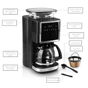 Machine FRESH-AROMA-PERFECT BEEM. En verre, plastique, acier inoxydable , bac à grains, Filtre. Permet trois réglages de mouture, de fin à grossier. Verseuse en verre 1,25L, jusqu'à 10 tasses. Plaque chauffante verrouillable. Compartiment à grain de café. Porte filtre. Pré programmer pour votre routine matinale grâce à la minuterie 24 heures. Retrouvez-là chez Arlo's Coffee, artisan torréfacteur à Rambouillet (Yvelines). 