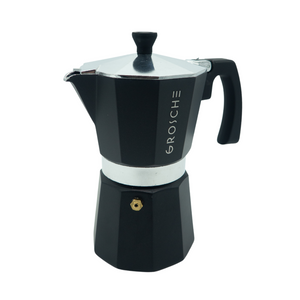 Cafetière à l'italienne milano moka de la marque Grosche - couleur noire - Version 6 tasses 275ml, Disponible chez Arlo's Coffee, atelier de torréfaction, torréfacteur de café de spécialité situé dans les Yvelines, ile de france, café en grain et café moulu. 