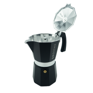 Cafetière à l'italienne milano moka de la marque Grosche - couleur noire - Version 6 tasses 275ml, Disponible chez Arlo's Coffee, atelier de torréfaction, torréfacteur de café de spécialité situé dans les Yvelines, ile de france, café en grain et café moulu. 