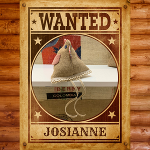 Poules en toile de jute confectionnés par Aufil Dubonheur en vente chez Arlo's Coffee