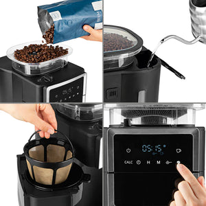 Machine FRESH-AROMA-PERFECT BEEM. En verre, plastique, acier inoxydable , bac à grains, Filtre. Permet trois réglages de mouture, de fin à grossier. Verseuse en verre 1,25L, jusqu'à 10 tasses. Plaque chauffante verrouillable. Compartiment à grain de café. Porte filtre. Pré programmer pour votre routine matinale grâce à la minuterie 24 heures. Retrouvez-là chez Arlo's Coffee, artisan torréfacteur à Rambouillet (Yvelines). 